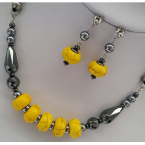 Set din howlite abacus galben si hematit, pe snur de piele - Img 2