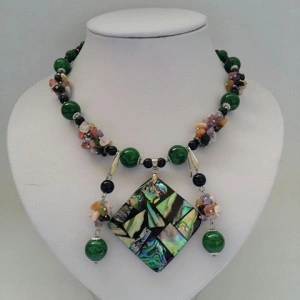 Set din margele de jad verde, obsidian, chipsuri si pandantiv Paua Abalone - Img 4