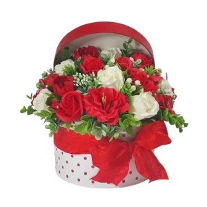 Aranjament din flori de sapun -cutie rotunda (cod 2280)poza12