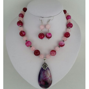 Set din margele de agata striped fuchsia si cuart roz - Img 1