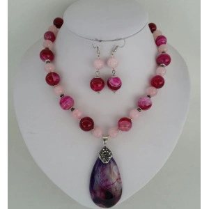 Set din margele de agata striped fuchsia si cuart roz