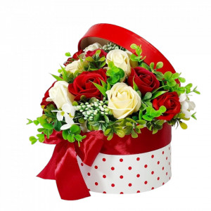 Aranjament din flori de sapun -cutie rotunda (cod 2012)poza2