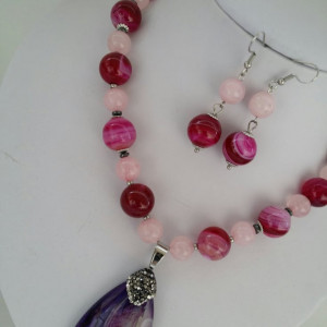 Set din margele de agata striped fuchsia si cuart roz - Img 2