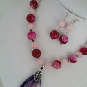 Set din margele de agata striped fuchsia si cuart roz - Img 2