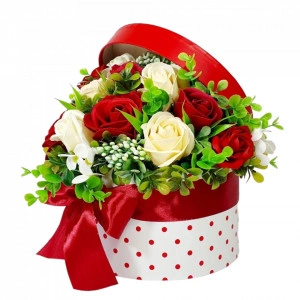 Aranjament din flori de sapun -cutie rotunda (cod 2012)poza3