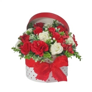 Aranjament din flori de sapun -cutie rotunda (cod 2280)poza13
