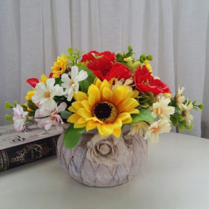 Aranjament floral din maci si floarea soarelui- cos rustic (cod 1173) 5