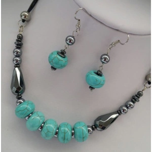 Set din howlite abacus turcoaz si hematit, pe snur de piele - Img 2