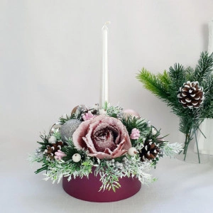 Aranjament de Craciun - cutie rotunda burgundy (cod 1559)3