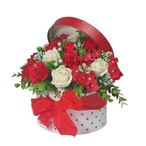 Aranjament din flori de sapun -cutie rotunda (cod 2280)poza14