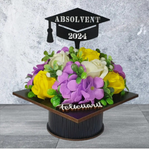Aranjament floral "Absolvent 2024"-galben/mov (cod 2076).2