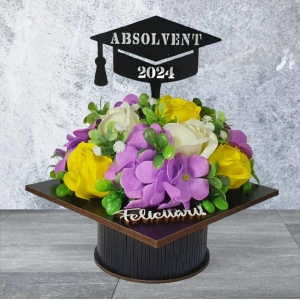 Aranjament floral "Absolvent 2024"-galben/mov (cod 2076).2
