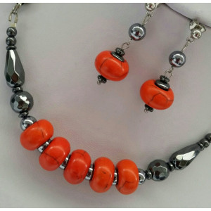 Set din howlite abacus portocaliu si hematit, pe snur de piele - Img 2