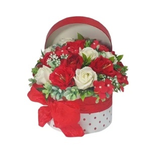 Aranjament din flori de sapun -cutie rotunda (cod 2279)poza2