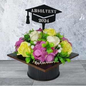 Aranjament floral "Absolvent 2024"-galben/violet (cod 2075).2