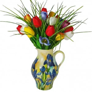 Aranjament floral cu lalele de silicon si crocus (cod 2028)