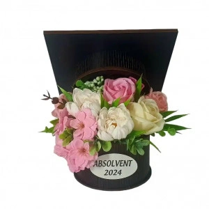 Aranjament floral cutie toca- roz /crem(cod 2061)