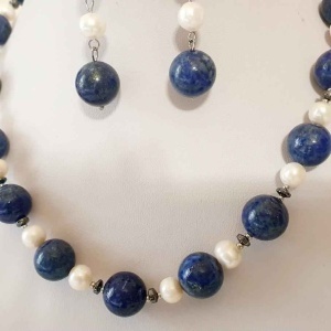 Set bijuterii din margele de lapis lazuli si perle de cultura (cod 212) - Img 2
