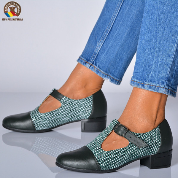 Pantofi Cu Toc Piele Naturala Natalia Negru/Verde