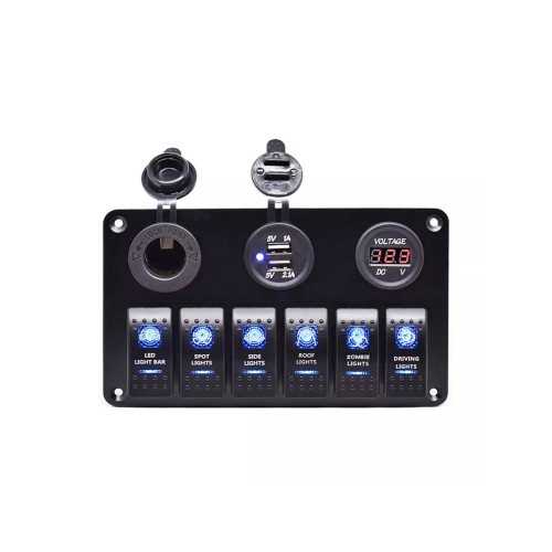 Panou cu voltmetru, USB, prizÄƒ 12V È™i 6 Ã®ntrerupÄƒtoare Cod: SP10