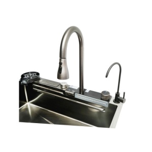 Chiuveta bucatarie multifunctionala cu doua baterii, otel inoxidabil, afisaj digital temperatura, doua cascade, spalator pahare, scurgator, tava, tocator si accesorii scurgere incluse, 75x46x23.5cm Cod: DISMT03 - Img 7