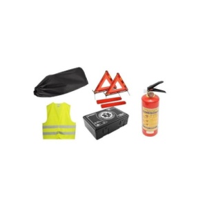 Kit siguranta auto complet Trusa, 2x triunghiuri, stingator, vesta, saculet - Img 1