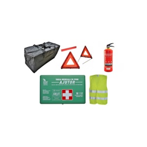 Kit siguranta auto complet Trusa cutie Verde, 2x Triunghiuri, Stingator, Vesta, Geanta - Img 1