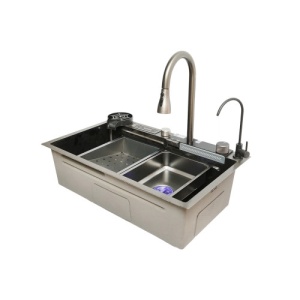Chiuveta bucatarie multifunctionala cu doua baterii, otel inoxidabil, afisaj digital temperatura, doua cascade, spalator pahare, scurgator, tava, tocator si accesorii scurgere incluse, 75x46x23.5cm Cod: DISMT03 - Img 2