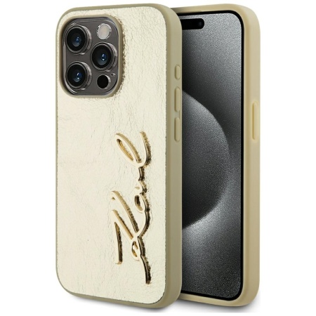 Husa iPhone 15 Pro Max - Karl Lagerfeld Hardcase Leather (KLHCP15XPFMFBKMD) - Gold Metal Signature
