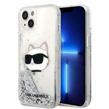 Husa pentru iPhone 14 Plus - Karl Lagerfeld Hardcase Glitter (KLHCP14MLNCHCS) - Silver Choupette Head