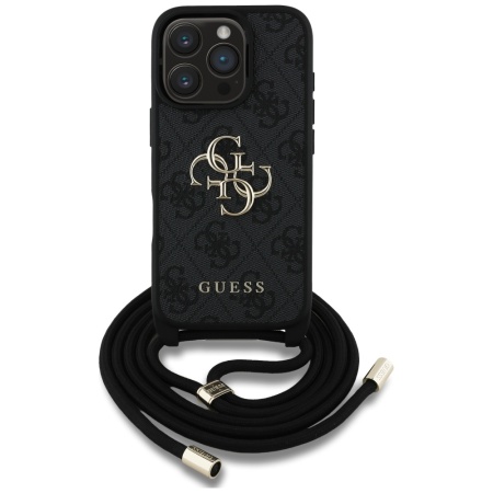 Husa pentru iPhone 16 Pro Max - Guess Hardcase 4G Big Logo with Cord Strap (GUHCP16XP4GMGCRK) - Black