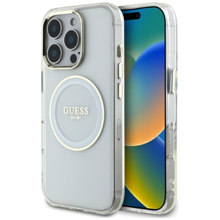 Husa pentru iPhone 16 Pro Max - Guess IML Metal Colored Circle MagSafe (GUHMP16XHTDRCEDH) - White