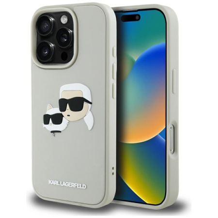 Husa pentru iPhone 16 Pro Max - Karl Lagerfeld 3D Design (KLHCP16XRBCKCHLE) - Beige Rubber Karl&Choupette