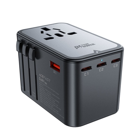 Adaptor pentru Priza 3x Type-C, EU, UK, AUS, US, GaN, PD75W - Acefast (Z1) - Black
