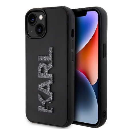 Husa pentru iPhone 15 Plus - Karl Lagerfeld 3D Design (KLHCP15M3DMBKCK) - Rubber Glitter Logo