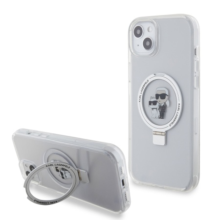 Husa pentru iPhone 15 Plus - Karl Lagerfeld Hardcase Ring Stand MagSafe (KLHMP15MHMRSKCH) - White Karl&Choupette