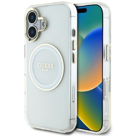 Husa pentru iPhone 16 - Guess IML Metal Colored Circle MagSafe (GUHMP16SHTDRCEDH) - White