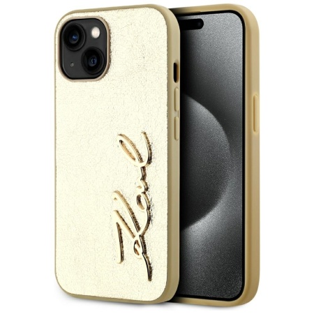 Husa iPhone 15 - Karl Lagerfeld Hardcase Leather (KLHCP15SPFMFBKMD) - Gold Metal Signature