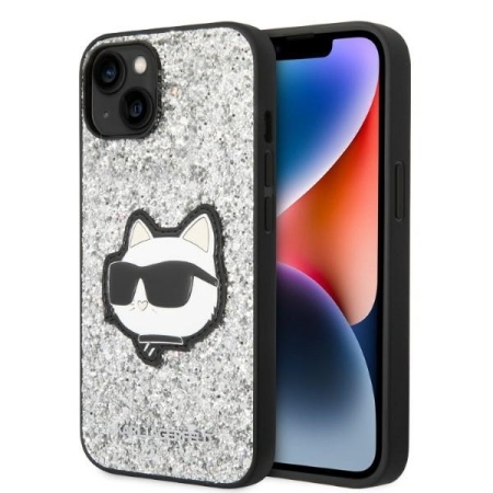 Husa pentru iPhone 14 Plus - Karl Lagerfeld Hardcase Glitter (KLHCP14MG2CPS) - Silver Choupette Patch