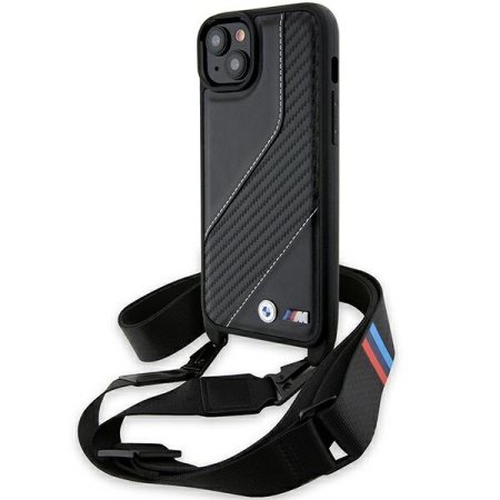 Husa pentru iPhone 15 Plus - BMW Leather M Edition Carbon Stripe & Strap (BMHCP15M23PSCCK) - Black