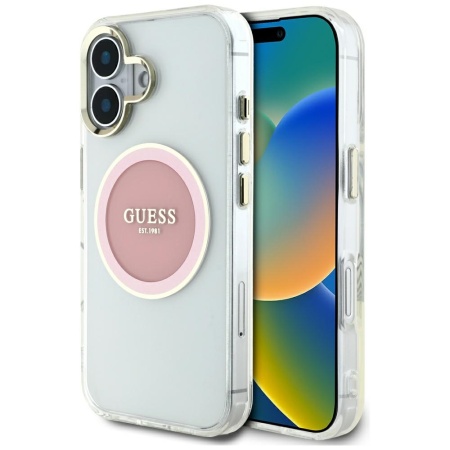 Husa pentru iPhone 16 - Guess IML Metal Colored Circle MagSafe (GUHMP16SHTDRCEDP) - Pink