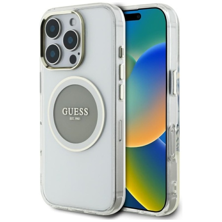 Husa pentru iPhone 16 Pro Max - Guess IML Metal Colored Circle MagSafe (GUHMP16XHTDRCEDG) - Grey