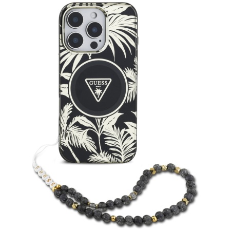 Husa pentru iPhone 16 Pro Max - Guess IML Palm Trees Triangle with Pearl Strap MagSafe (GUHMP16XHPCTPLSK) - Black