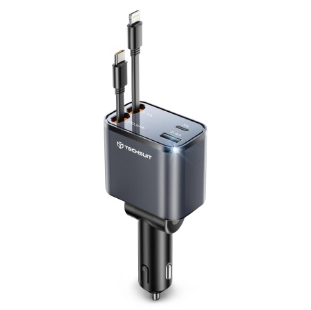 Incarcator pentru Masina USB, Type-C, Cabluri Retractabile USB-C, Lightning, 69W - Techsuit NanoVoltX (C1) - Gray