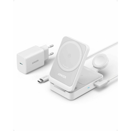 Incarcator wireless magnetic Anker MagGo 3-in-1 MagSafe Qi2 Alb