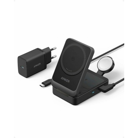 Incarcator wireless magnetic Anker MagGo 3-in-1 MagSafe Qi2 Negru