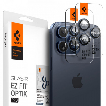 Folie Camera pentru iPhone 14 Pro / 14 Pro Max / 15 Pro / 15 Pro Max (set 2) - Spigen Glas.tR Optik EZ Fit Pro - Blue Titanium