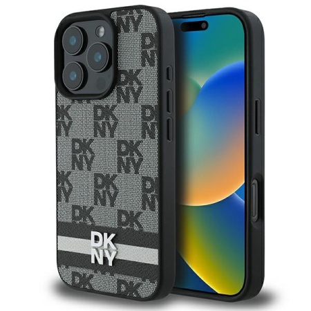 Husa iPhone 16 Pro - DKNY Leather ardcase Checkered Pattern & Printed Stripes (DKHCP16LPCPTSSK) - Black