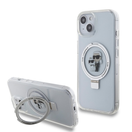 Husa pentru iPhone 15 - Karl Lagerfeld Hardcase Ring Stand MagSafe (KLHMP15SHMRSKCH) - White Karl&Choupette