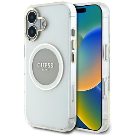 Husa pentru iPhone 16 - Guess IML Metal Colored Circle MagSafe (GUHMP16SHTDRCEDG) - Grey